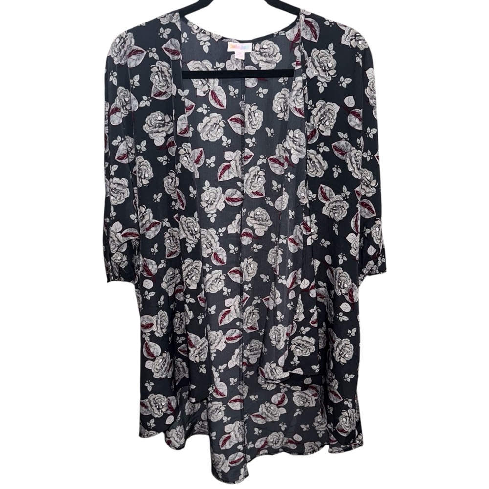 LuLaRoe Medium Goth Gray and Burgundy Floral Kimono